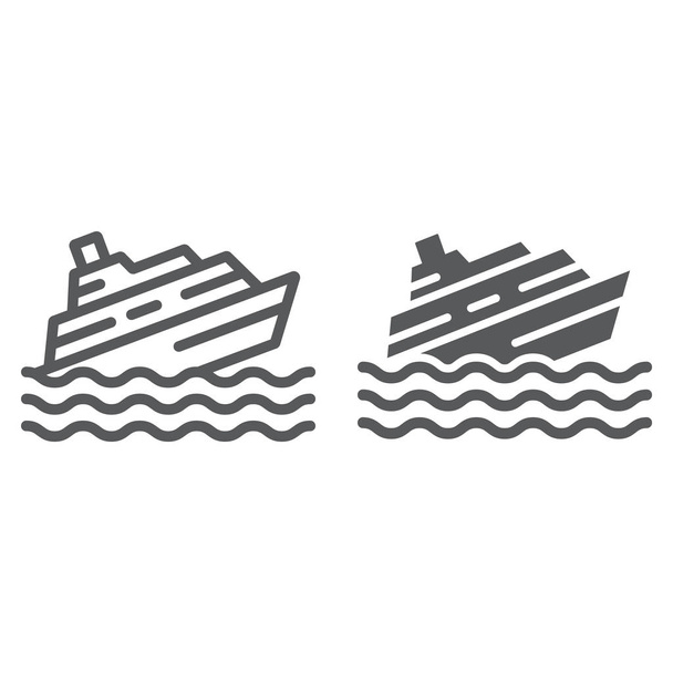 Uppoava laiva linja ja glyfi kuvake, katastrofi ja vesi, vene katastrofi merkki, vektori grafiikka, lineaarinen kuvio valkoisella taustalla
. - Vektori, kuva