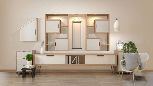 ντουλάπι και διακόσμηση σε μοντέρνο Zen άδειο δωμάτιο, ελάχιστα σχέδια  - Φωτογραφία, εικόνα