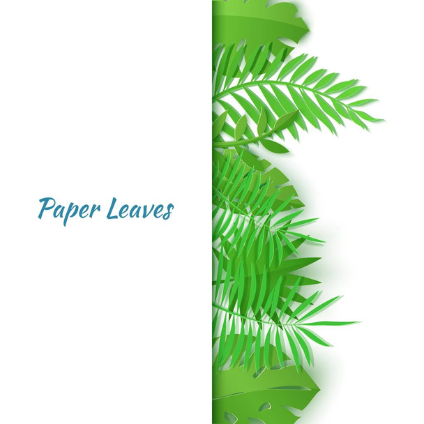 Vertical border of summer tropical leaves in paper cut style. Craft jungle plants collection on white background. Creative vector card illustration in paper cutting art style - Vector, Image