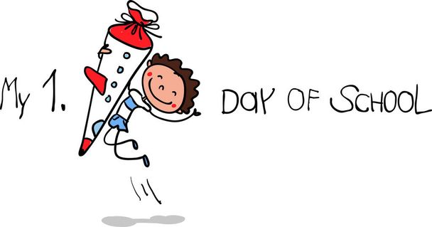 Inschrijving-eerste dag van school-opgewonden eerste grader met school kegel springen voor vreugde - Vector, afbeelding