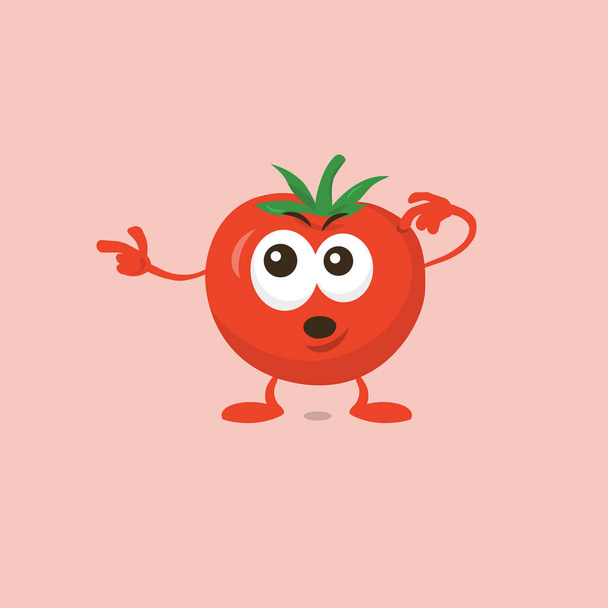 Illustration of cute surprised tomato mascot pointing to the left isolated on light background. Flat design style for your mascot branding. - Vector, Image