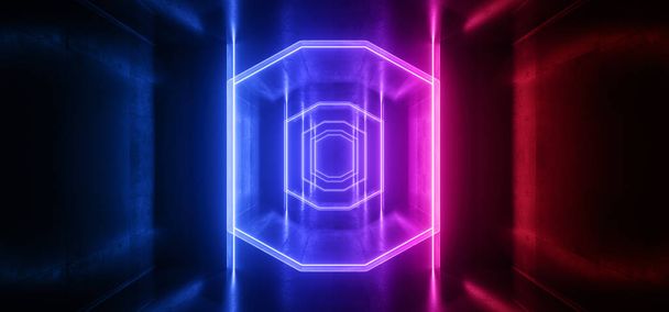 Science Fiction futuristische neon lila blaue Lichter glühende Laser Tunnel  - Foto, Bild