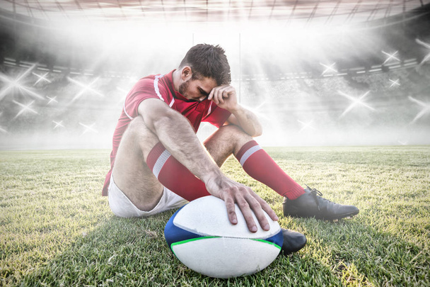 Caucasian male rugby player on field against rugby pitch - Foto, Imagem