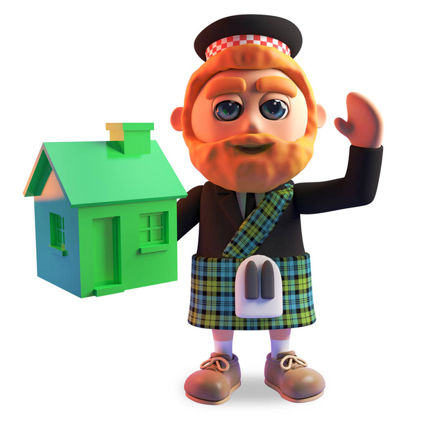 Boldog skót férfi hagyományos szoknya tart egy kis zöld ház, 3D illusztráció - Fotó, kép