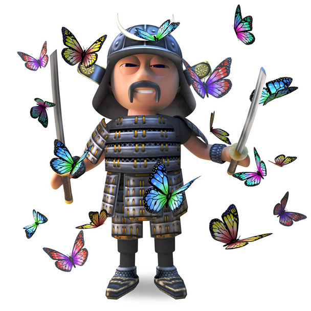 Dzielny japoński wojownik samuraj z Katana miecz otoczony pięknymi motyli, ilustracja 3D - Zdjęcie, obraz