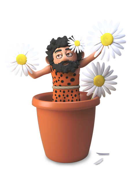 Cavernícola tonto 3d está fingiendo ser una flor de margarita en una olla, ilustración 3d
 - Foto, Imagen