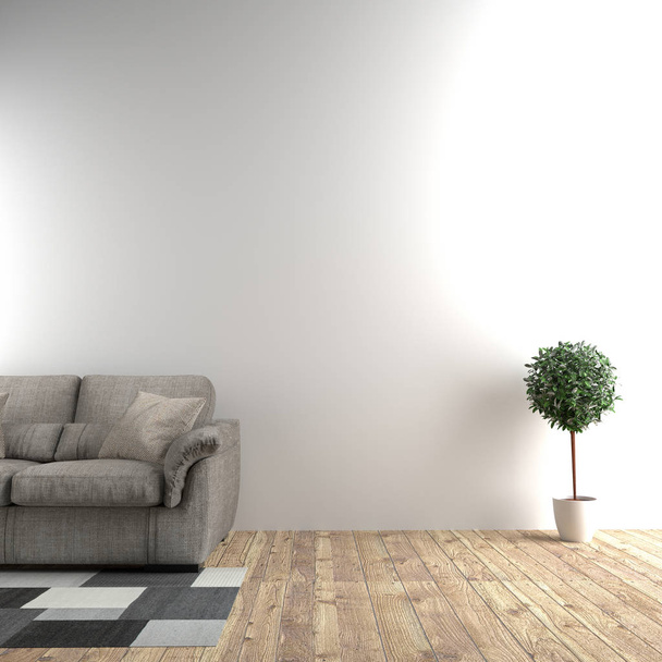 Sala branca ao lado de sofá e plantas em fundo de parede vazio. 3D
  - Foto, Imagem