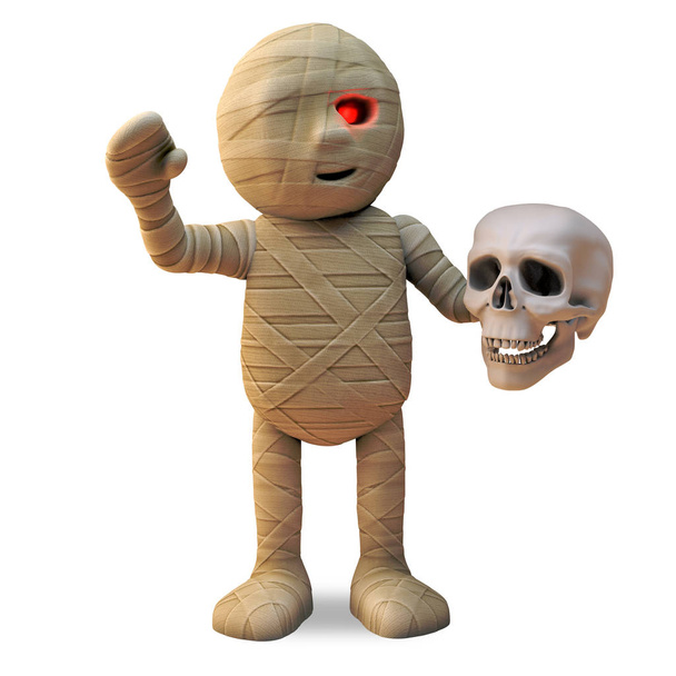 Funny cartoon Egyptian mummy monster waves hello while holding a human skull, 3d illustration - Photo, Image