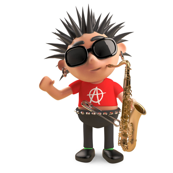 Musical punk rocker with spikey hair goes jazz with a saxophone, 3d illustration - Photo, Image