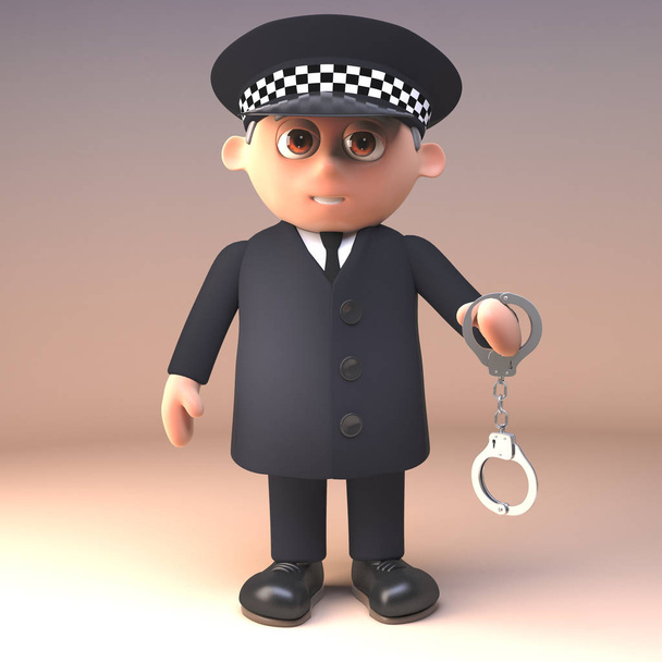 3d police officer in uniform on duty holding a pair of handcuffs, 3d illustration - Photo, Image
