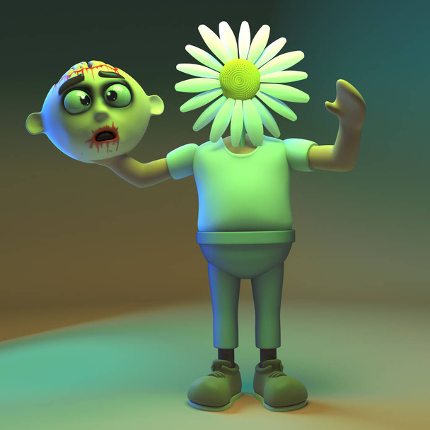Strange 3d cartoon zombie monster has had his head swapped for a daisy flower, 3d illustration - Photo, Image