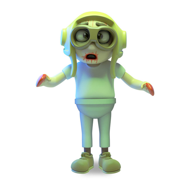 Poor undead zombie airman in pilots hat is very unhappy, 3d illustration - Photo, Image