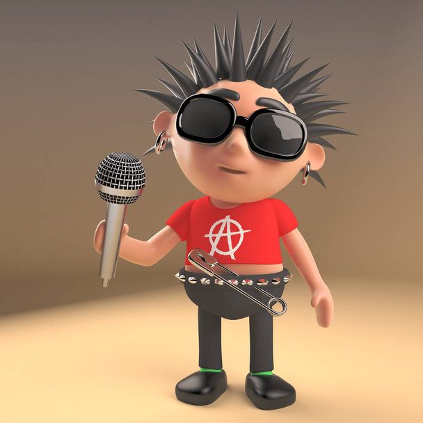 Musicale personaggio rocker punk 3d con capelli chiodati che cantano in un microfono, illustrazione 3d
 - Foto, immagini