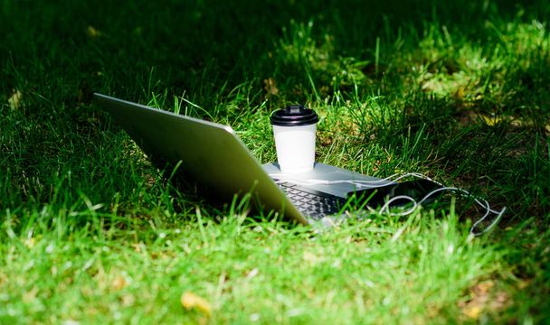 Coffee break outdoors. Summer park. Work and relax in natural environment. Green office. Its coffee time. Coffee take away. Laptop modern smartphone with earphones and coffee cup on green grass - Foto, Imagen