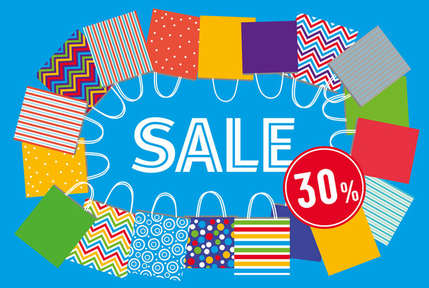 Sale in the store. Various bags on blu background. Vector full color graphics - Vektor, Bild