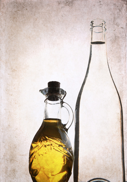 artwork in grunge style, olive oil and bottle of white wine - Foto, immagini