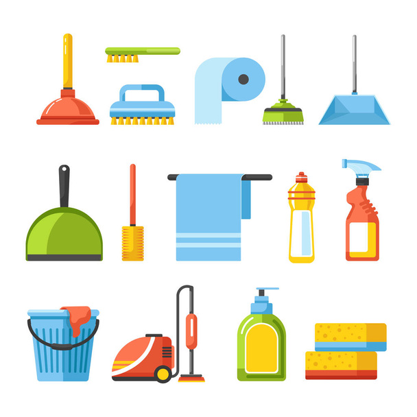Herramientas de limpieza iconos aislados cepillos y detergentes aspiradora
 - Vector, imagen