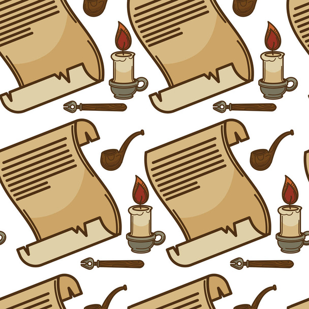 Scroll and candle paper parchment or papyrus seamless pattern - Vektör, Görsel