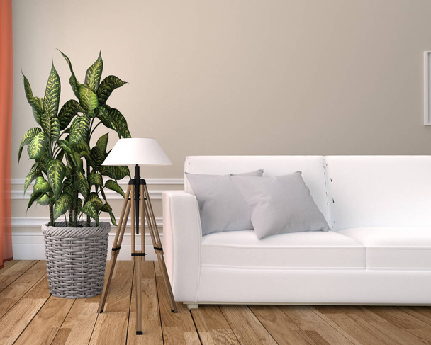 Bílý obývací pokoj interiér-bílá pohovka a lampa-prázdné bílé w - Fotografie, Obrázek