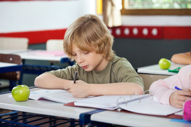 Schoolboy Writing On Book In Classroom - Фото, зображення