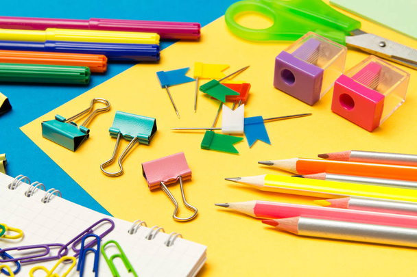 Stationery. School and office supplies on a colored background.  - Photo, Image