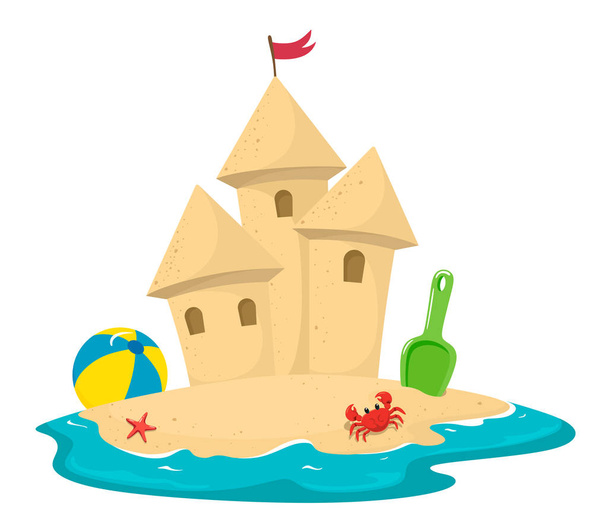 Písečný hrad obklopený vodou s krabem, špachtle a balením. Vektorová ilustrace v kresleném stylu na bílém pozadí - Vektor, obrázek