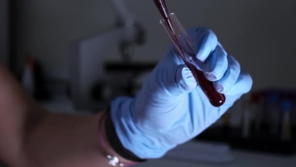Femme technicienne de laboratoire goutte à goutte du sang dans le tube à essai, mains gros plan
. - Séquence, vidéo