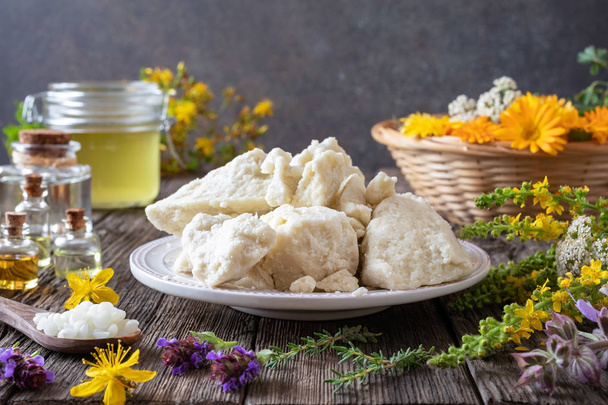 Shea butter on a plate, essential oils and herbs - Photo, Image