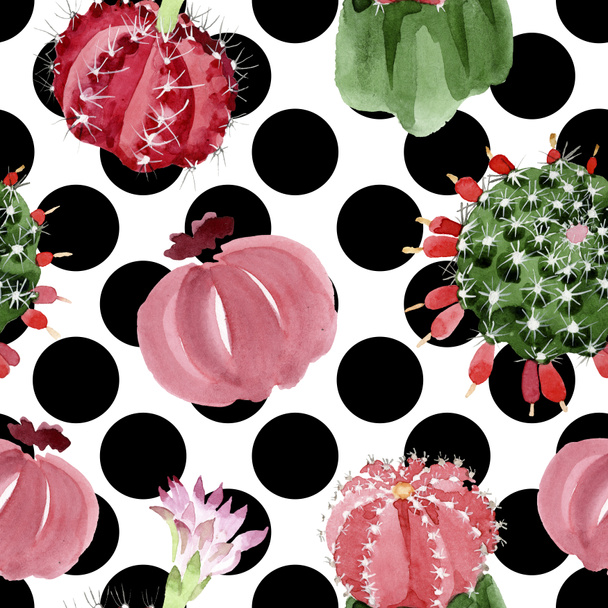 Red and green cacti watercolor illustration set. Seamless background pattern. - Фото, зображення
