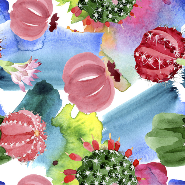Red and green cacti watercolor illustration set. Seamless background pattern. - Photo, Image