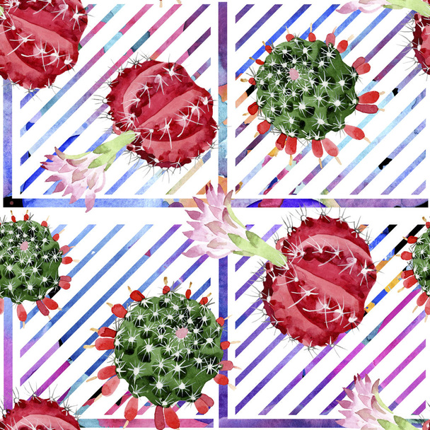 Rode en groene cactussen aquarel illustratie set. Naadloos achtergrond patroon. - Foto, afbeelding