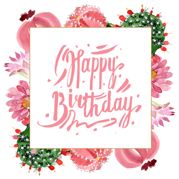 Piros és zöld kaktuszok elszigetelt fehér akvarell illusztráció meg boldog születésnapot betűkkel  - Fotó, kép