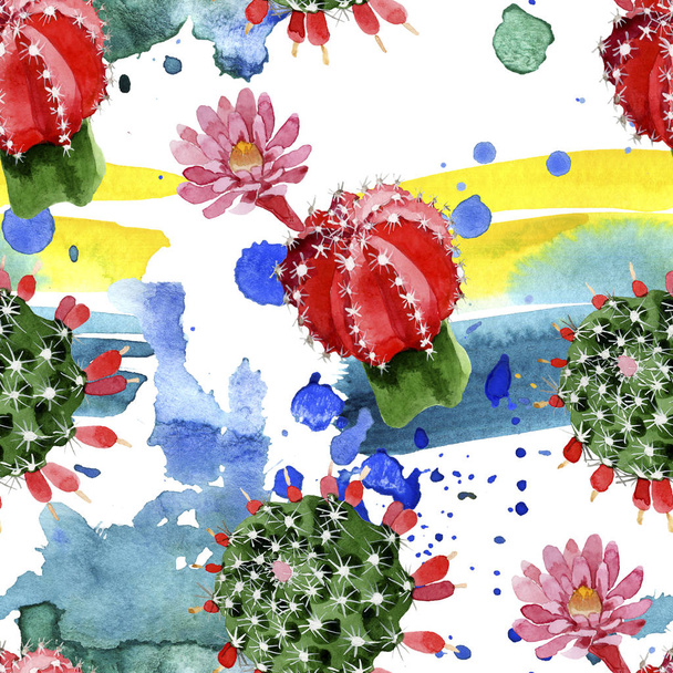 Red and green cacti watercolor illustration set. Seamless background pattern. - Photo, Image
