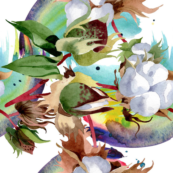 Cotton floral botanical flowers. Wild spring leaf wildflower. Watercolor illustration set. Watercolour drawing fashion aquarelle. Seamless background pattern. Fabric wallpaper print texture. - Foto, Imagem