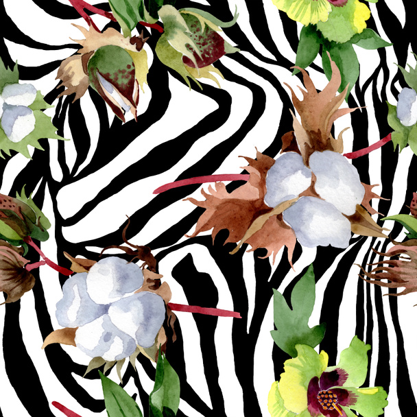 Cotton floral botanical flowers. Wild spring leaf wildflower. Watercolor illustration set. Watercolour drawing fashion aquarelle. Seamless background pattern. Fabric wallpaper print texture. - Fotó, kép