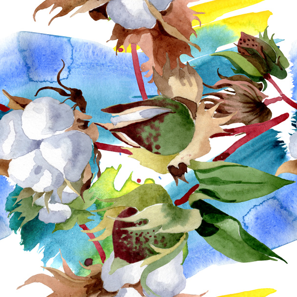 Cotton floral botanical flowers. Wild spring leaf wildflower. Watercolor illustration set. Watercolour drawing fashion aquarelle. Seamless background pattern. Fabric wallpaper print texture. - Foto, Bild