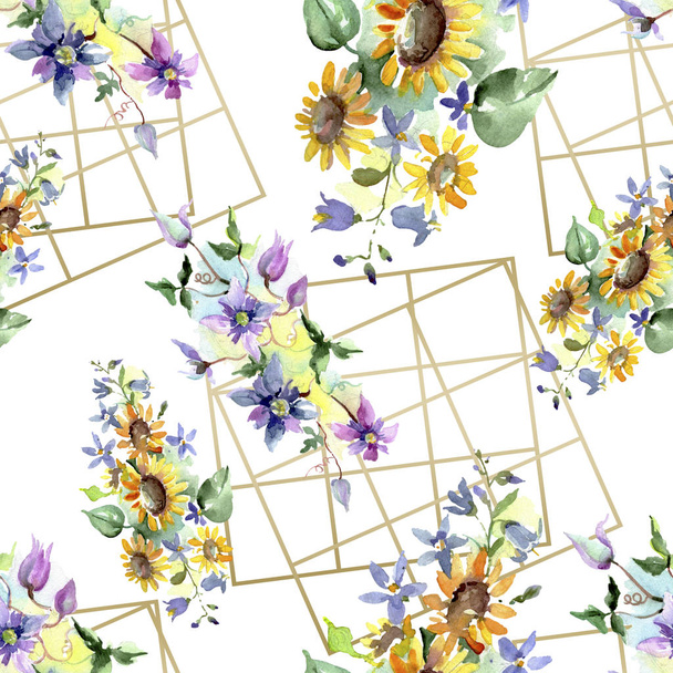 Bouquet with sunflowers botanical flowers. Wild spring leaf wildflower. Watercolor illustration set. Watercolour drawing fashion aquarelle. Seamless background pattern. Fabric wallpaper print texture. - Fotoğraf, Görsel