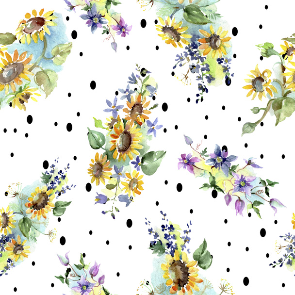 Bouquet with sunflowers botanical flowers. Wild spring leaf wildflower. Watercolor illustration set. Watercolour drawing fashion aquarelle. Seamless background pattern. Fabric wallpaper print texture. - Fotografie, Obrázek