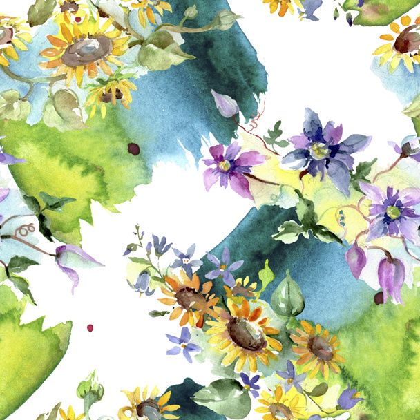 Bouquet with sunflowers botanical flowers. Wild spring leaf wildflower. Watercolor illustration set. Watercolour drawing fashion aquarelle. Seamless background pattern. Fabric wallpaper print texture. - Photo, Image