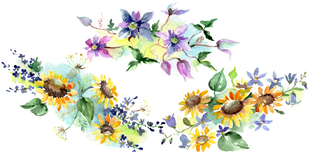 Csokor napraforgós virágos botanikai virágok. Vad tavaszi levél vadvirág. Akvarell háttér illusztráció meg. Akvarell rajz divat Aquarelle. Lehántott csokrok illusztrációs elem. - Fotó, kép