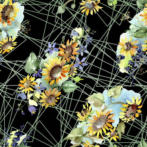 Bouquet with sunflowers botanical flowers. Wild spring leaf wildflower. Watercolor illustration set. Watercolour drawing fashion aquarelle. Seamless background pattern. Fabric wallpaper print texture. - 写真・画像