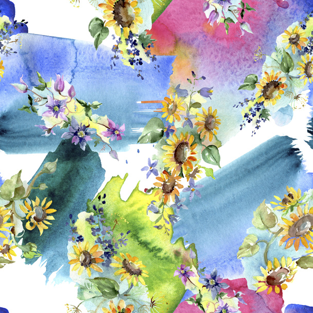 ヒマワリの植物の花と花束。野生の春の葉の野生の花。●水彩イラストセット。水彩画ファッションアクアレル。シームレスな背景パターン。ファブリック壁紙プリントテクスチャ. - 写真・画像