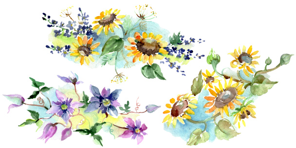 Bouquet with sunflowers floral botanical flowers. Wild spring leaf wildflower. Watercolor background illustration set. Watercolour drawing fashion aquarelle. Isolated bouquets illustration element. - Фото, зображення