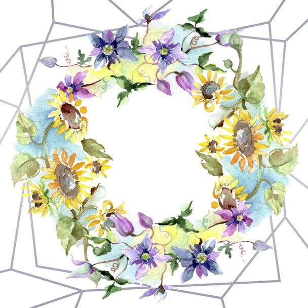 Bouquet with sunflowers floral botanical flowers. Wild spring leaf wildflower. Watercolor background illustration set. Watercolour drawing fashion aquarelle. Frame border crystal ornament square. - 写真・画像