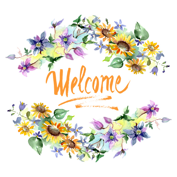 Bouquet with sunflowers floral botanical flowers. Wild spring leaf wildflower isolated. Watercolor background illustration set. Watercolour drawing fashion aquarelle. Frame border ornament square. - Фото, зображення