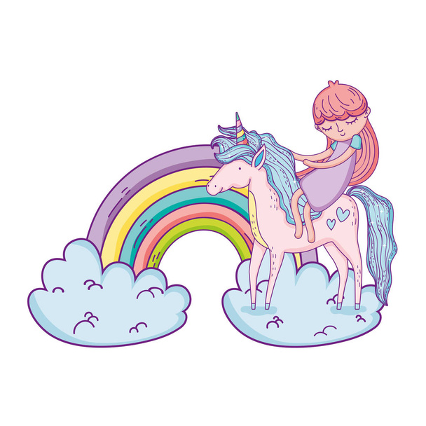 маленький единорог и принцесса в облаках с радугой
 - Вектор,изображение