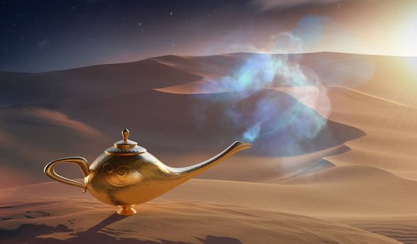 Magical Aladdin oil lamp with genie in desert. 3D rendered illus - Photo, Image