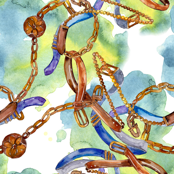 Belt and chain fashion glamour illustration. Accessories watercolor set.  - Foto, Bild