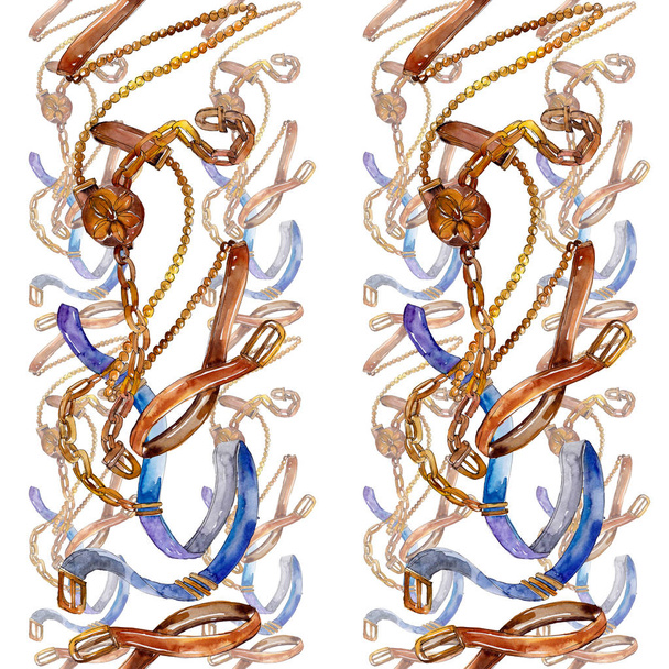 Belt and chain fashion glamour illustration. Accessories watercolor set.  - Foto, Imagem