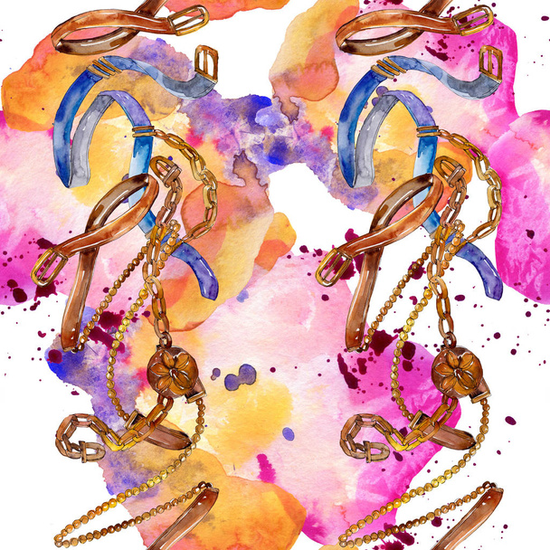 Belt and chain fashion glamour illustration. Accessories watercolor set.  - Фото, изображение